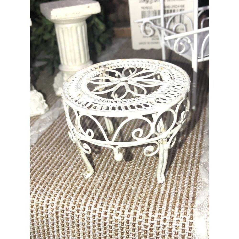 6 Pcs Miniatures White Metal Flower Cart, 2 Pedestals, Metal Chair and 2 Tables - Picture 5 of 16